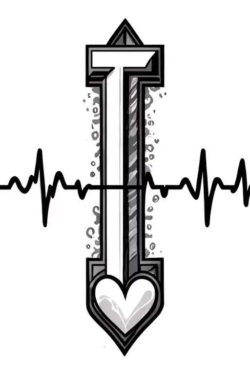 the letter T and heart rate tattoo design idea