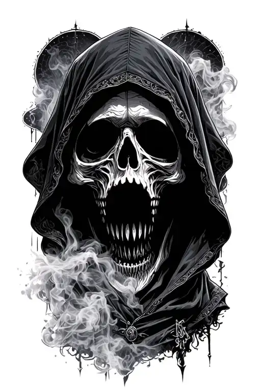 Hooded Reaper Silohuette, Smoke, shadow, ethereal, Scary, dark, goth, grungy, esoteric tattoo design idea