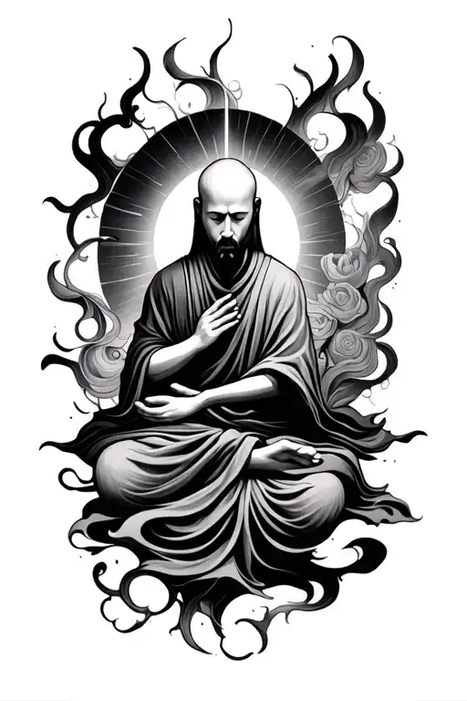 A surreal spiritual forearm tattoo design featuring a faceless monk sitting in deep meditation, draped in soft flowing r tattoo design idea