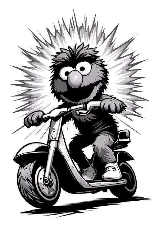elmo's world character, Zoey, riding a Razor scooter with a supernova star shooting in the background tattoo design idea