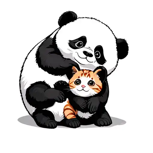 big panda and little panda with a ginger cat playing tattoo design idea