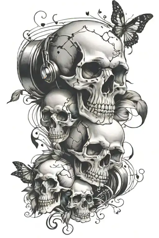 3 SKULLS AND MUSIC NOTES tattoo design idea