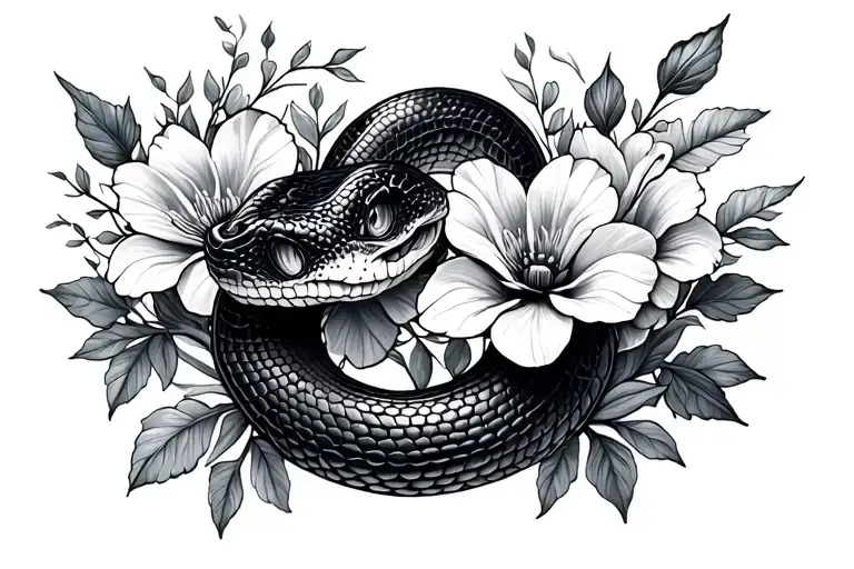 feminine snake and flowers tattoo design idea