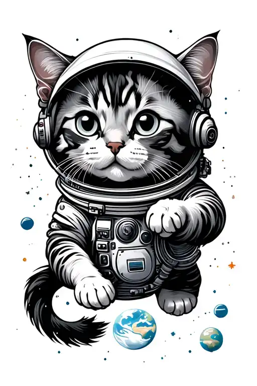 The cat astronaut in space against the backdrop of the earth reaches for her paw tattoo design idea