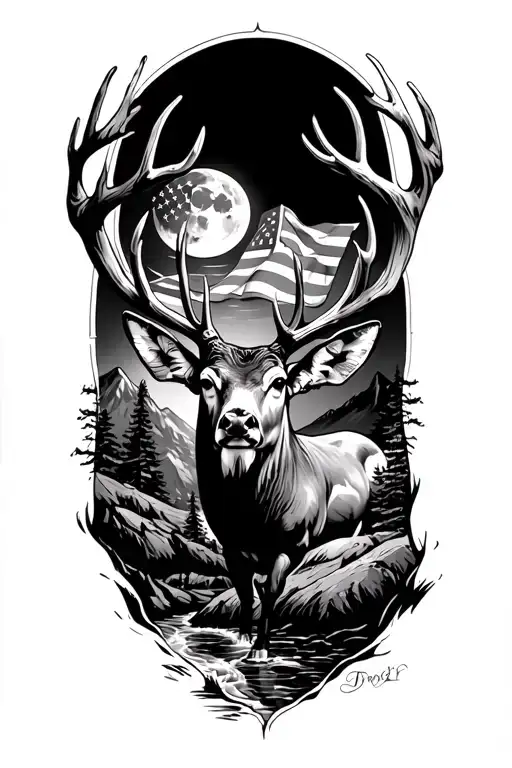 mountains with a stream, moonlight, torn u.s flag, big mule deer buck, and bold not all who wonder are lost compass  tattoo design idea