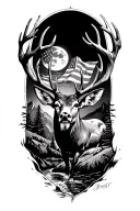 mountains with a stream, moonlight, torn u.s flag, big mule deer buck, and bold not all who wonder are lost compass  tattoo design idea