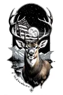 mountains with a stream, moonlight, torn u.s flag, big mule deer buck, and bold not all who wonder are lost compass  tattoo design idea