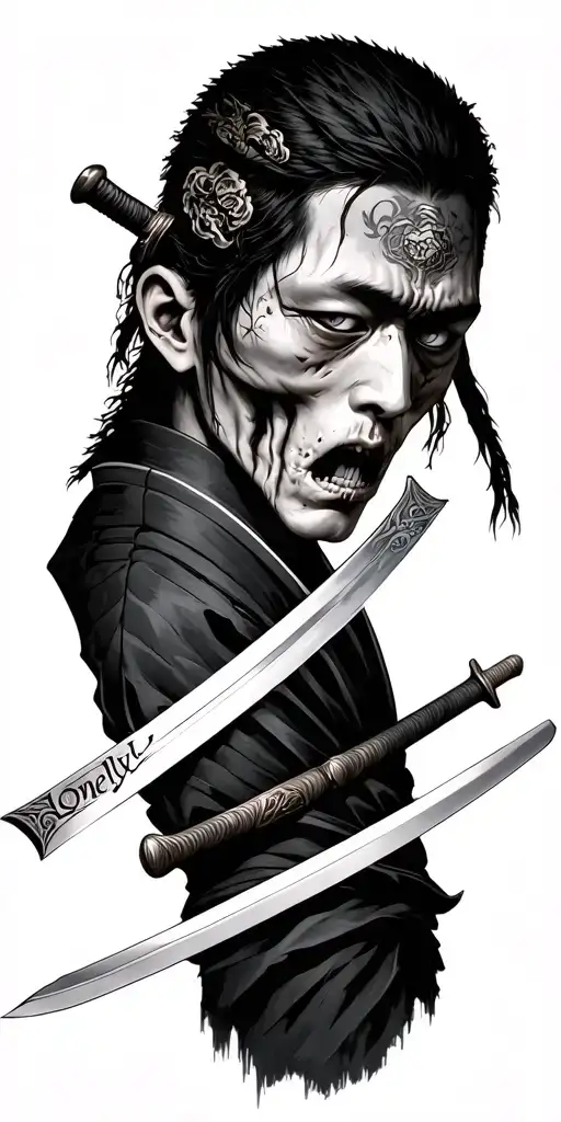 - A dead samurai - Eyes open - Sword with "Lonely" engraved - Death crying over him- Death standing alone - Kimono tattoo design idea