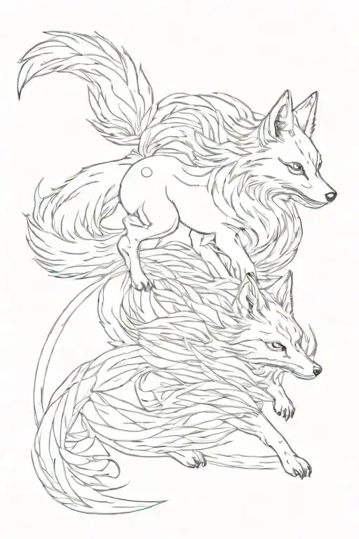 kitsune running downwards, 9 tailed fox, norigae, delicate, single needle tattoo design idea