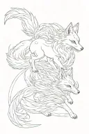 kitsune running downwards, 9 tailed fox, norigae, delicate, single needle tattoo design idea