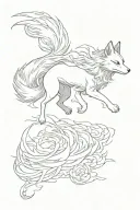 kitsune running downwards, 9 tailed fox, norigae, delicate, single needle tattoo design idea