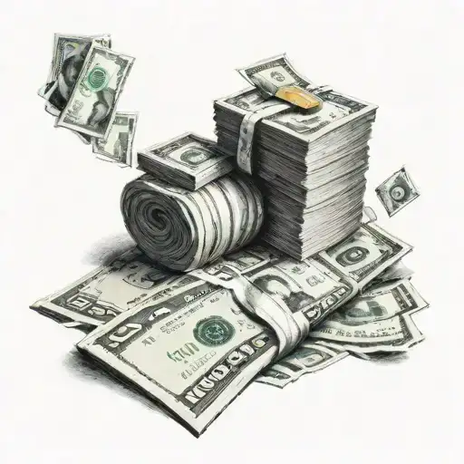 A dotwork tattoo of a stack of cash with a subtle animal print pattern, blending money and animals tattoo design idea