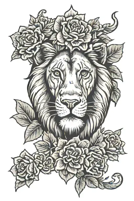 lion with GERANIUMS and ruby eyes looking tattoo design idea
