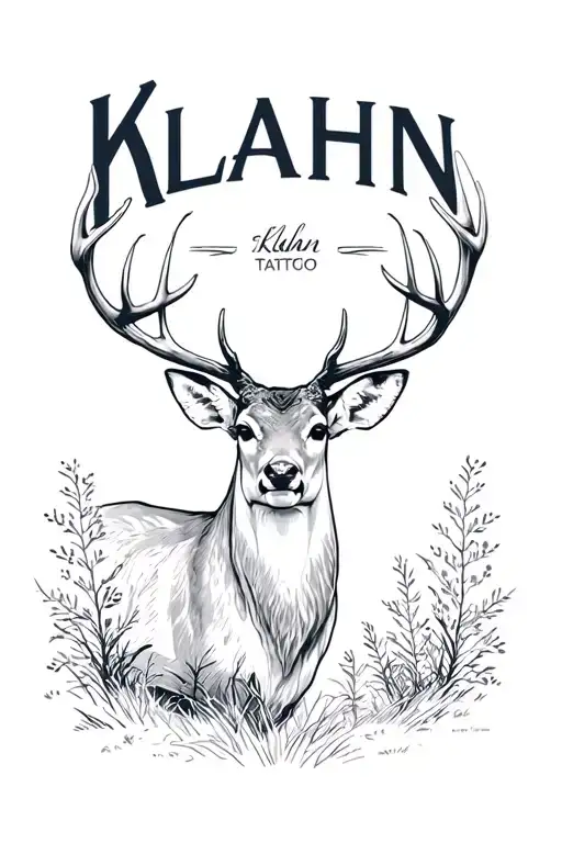 outdoor landscape with a deer in the middle and the last name Klahn in the background for a male  tattoo design idea