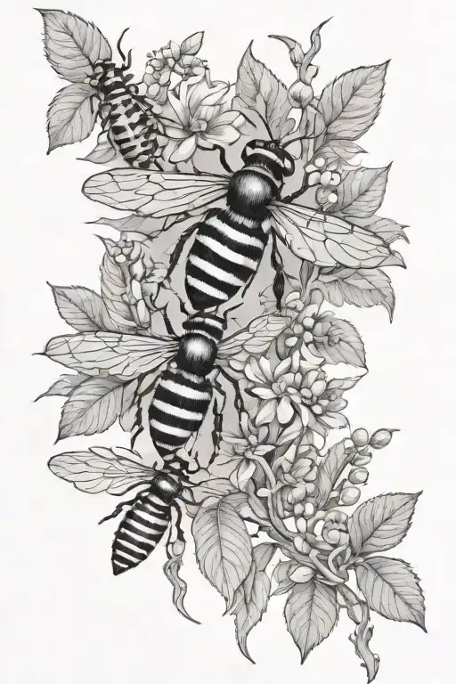 plants and insects with foliage and thorns bees tattoo design idea