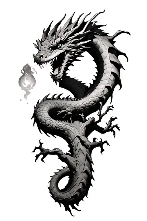 dragon wrapped around dead tree tattoo design idea