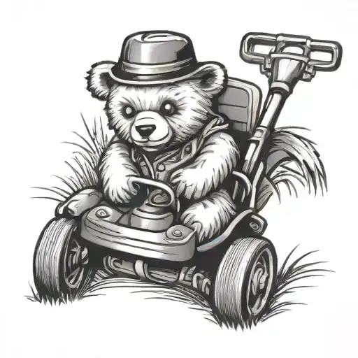 teddy bear pushing lawn mower tattoo design idea