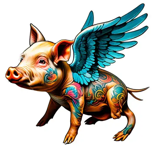 flying pig with wings sitting tattoo design idea