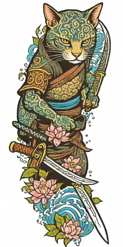 ninja cat holding katana sword, tail, water, waves, lotus, sakura, clouds, whirlpool, leaves, peony tattoo design idea