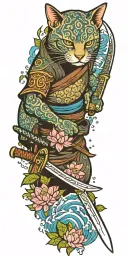 ninja cat holding katana sword, tail, water, waves, lotus, sakura, clouds, whirlpool, leaves, peony tattoo design idea