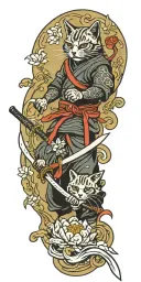 ninja cat holding katana sword, tail, water, waves, lotus, sakura, clouds, whirlpool, leaves, peony tattoo design idea