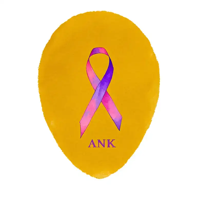 purple and magenta gradient colors on a ribbon in the domestic violence awareness fashion with an anhk in front of it tattoo design idea