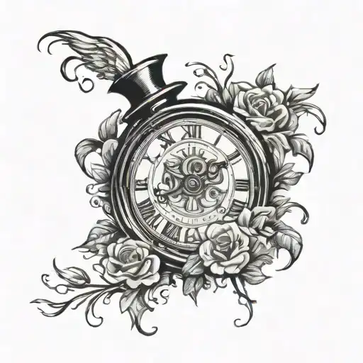 A black tattoo stencil with traditional American tattoo style of a too minimalist creepy clockman in the overgarden wall tattoo design idea
