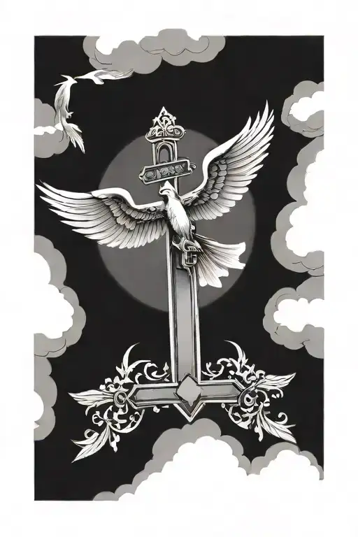 cross, heaven's gates, doves flying towards tattoo design idea