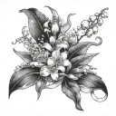 Lily of the valley,honeysuckle, and Larkspur flowers with a ribbon tied around the stems tattoo design idea