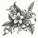 Lily of the valley,honeysuckle, and Larkspur flowers with a ribbon tied around the stems tattoo design idea