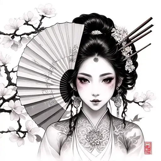 a gashia with a fan, cherry blossoms, chopsticks in her hair, mythical  tattoo design idea