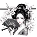 a gashia with a fan, cherry blossoms, chopsticks in her hair, mythical  tattoo design idea