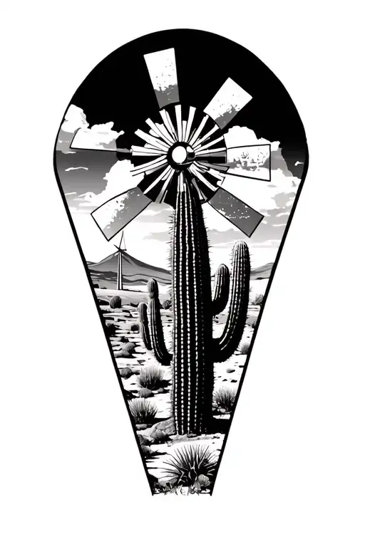 Palm Springs desert with windmills with cactus with 3 triangles tattoo design idea