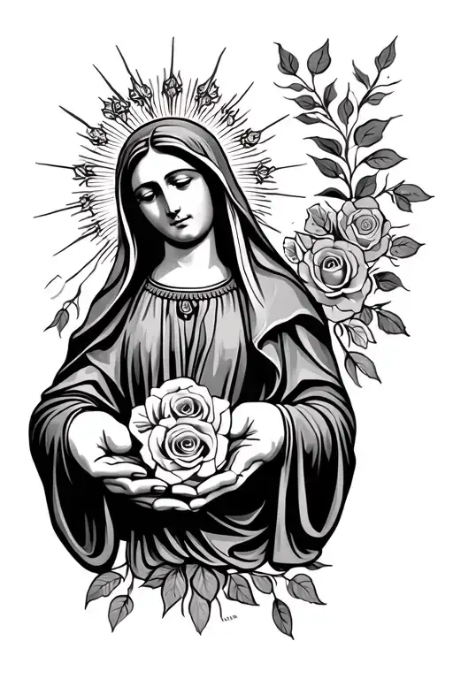 La virgen de Guadalupe on the bottom of her would be God's hands open and roses spread in his hands  tattoo design idea