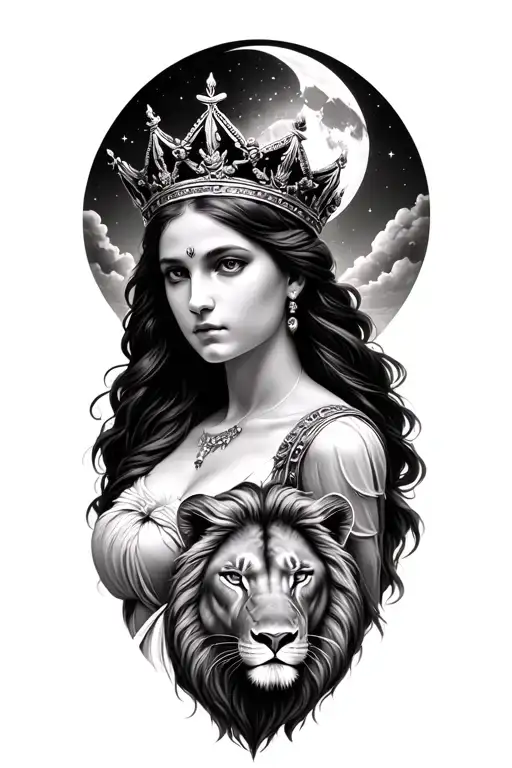 black & grey realism Leto greek goddess of motherhood wearing crown with moon and lion tattoo design idea