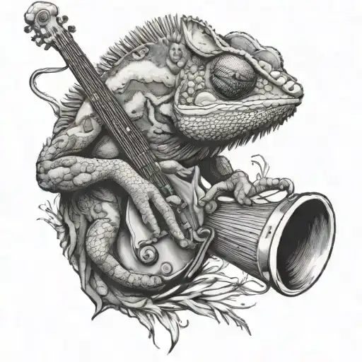 A chameleon holding an instrument tattoo design idea