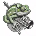 A chameleon holding an instrument tattoo design idea