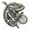 A chameleon holding an instrument tattoo design idea