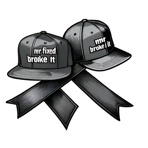 melanoma skin cancer ribbon with two snap back hats hanging off one saying mr fixed it and one saying mr broke it tattoo design idea