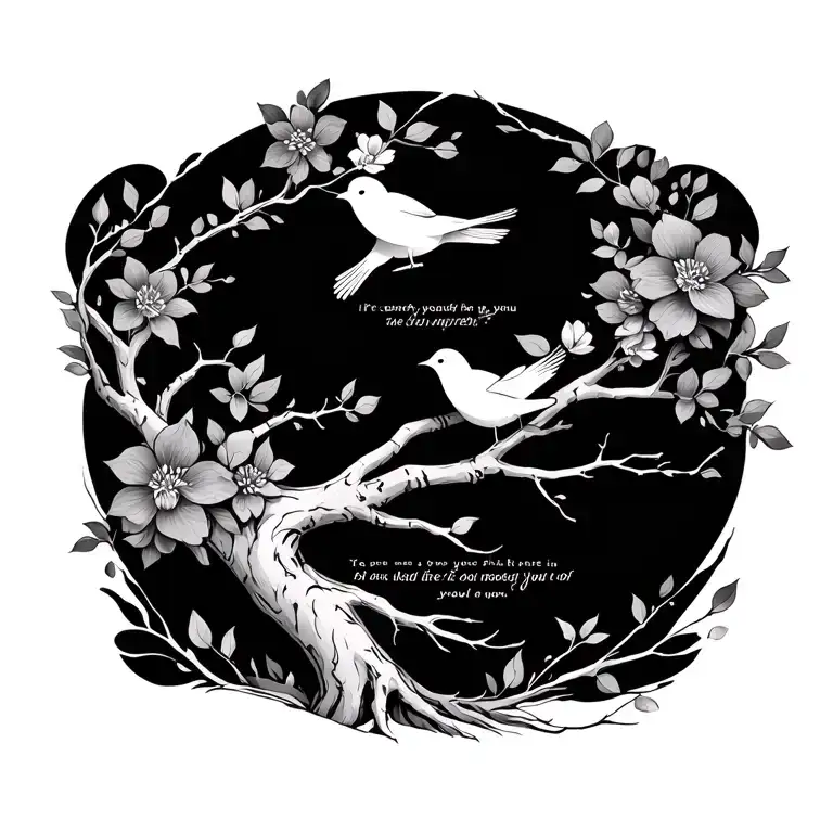 Fine line spine tattoo with meaningful symbolic quote, life tree with birds, branches with flowers, fine line completely tattoo design idea