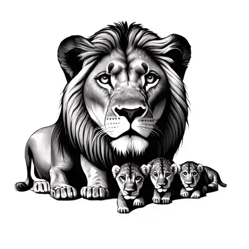 lion lioness and 2 cubs face only within the cemical symbol for seratonin tattoo design idea