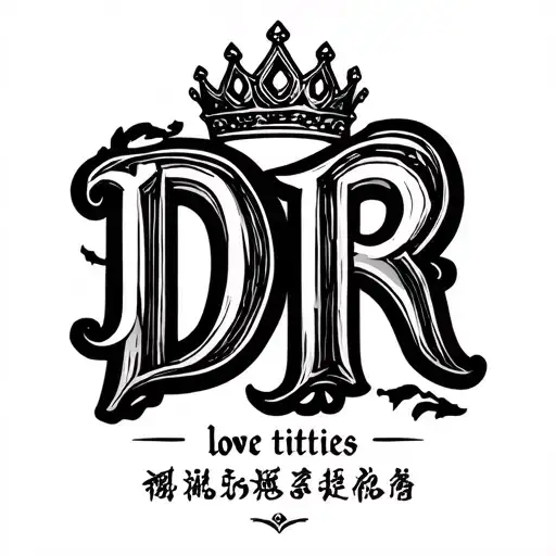 the letters DR with a crown above with a small text below that says love titties in Chinese with a cool font tattoo design idea