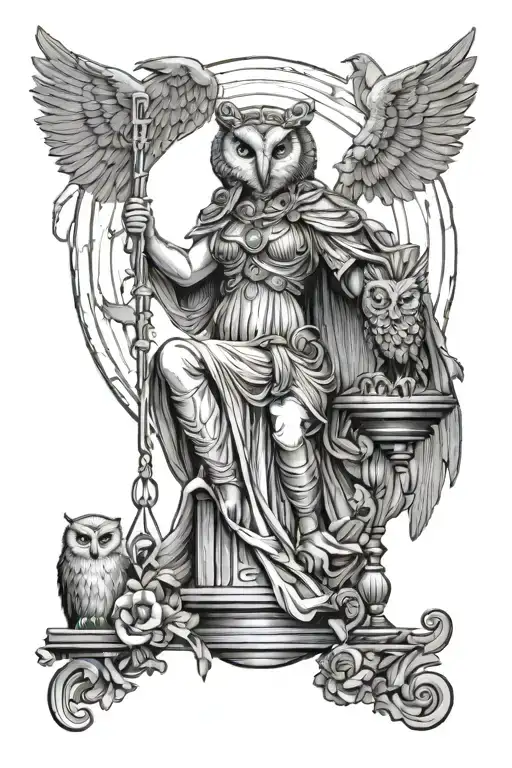 goddess athena, justice scale, and owl flying tattoo design idea