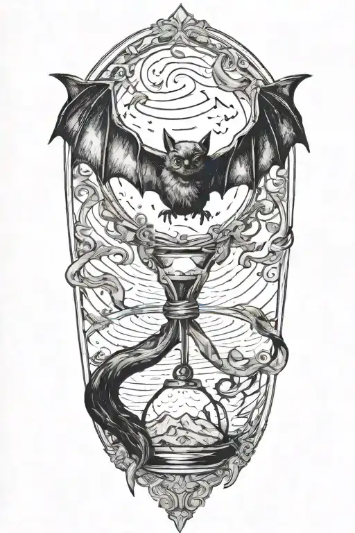 A big bat wrapping an hour glass with the sand of time. Chaotic and morbid background. Terror and dread. tattoo design idea