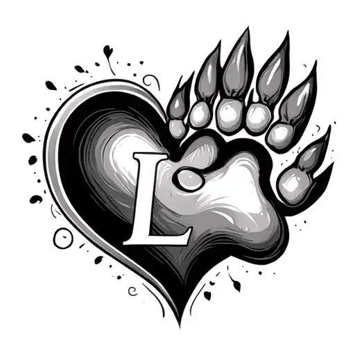 fineline heart with a cat paw print on the right side that breaks up the heart line with the initial L in the centre   tattoo design idea