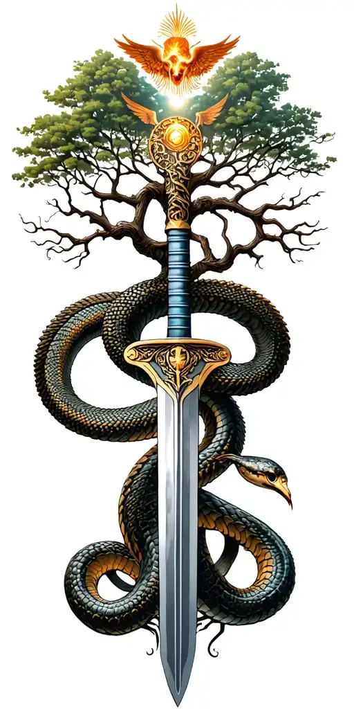 tree of life with heaven and hell symbology with a coiled snake, gates of heaven, and st Michael's sword tattoo design idea
