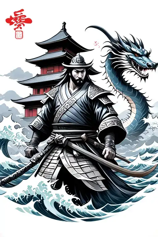 samurai warrior with Japanese temple in background some waves as a flow realistic design and a Japanese dragon  tattoo design idea