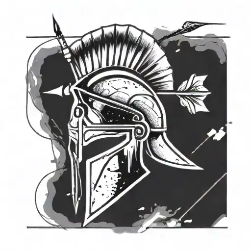 Create an image of a Spartan warrior's helmet with an arrow behind the helmet in the style of a minimalist tattoo sketch tattoo design idea