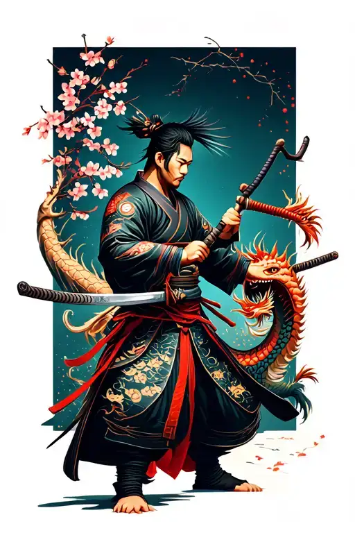 samurai warrior wielding a katana with cherry blossoms and a dragon going around it tattoo design idea