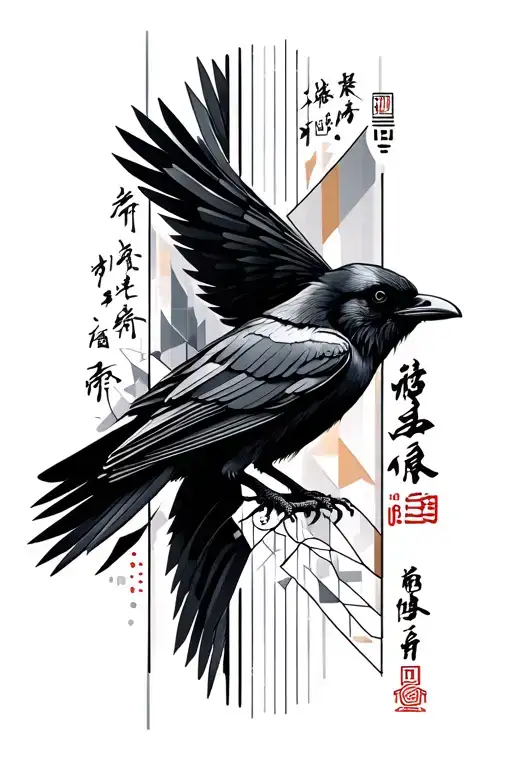 geometric style tattoo of a crow (realistic), Lu (Chinese symbol) and the writing "discipline" in vertical tattoo design idea